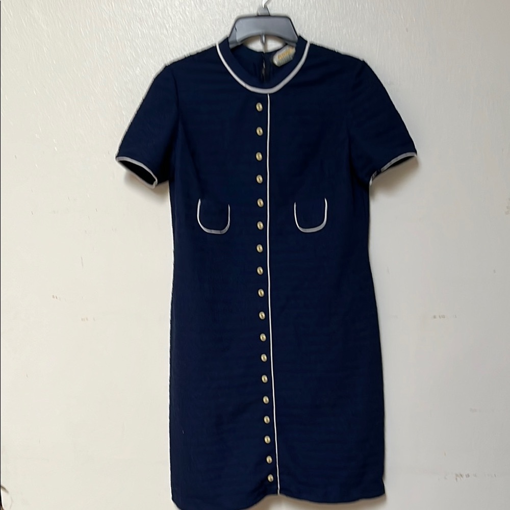 Vintage Blue Buttoned Sheath Midi Dress with Peter Pan Collar